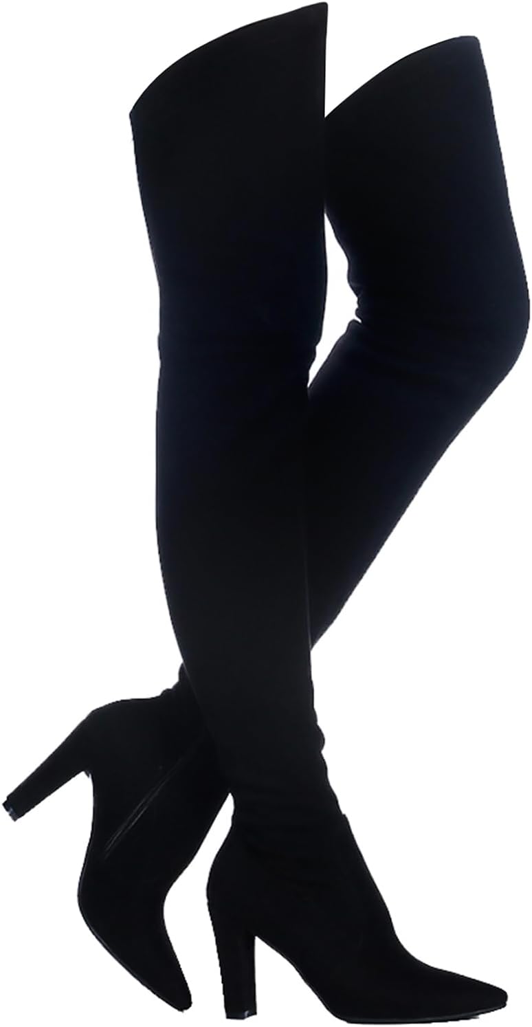 Shoe'N Tale Women Stretch Suede Chunky Heel Over The Knee Boots Thigh High for W...