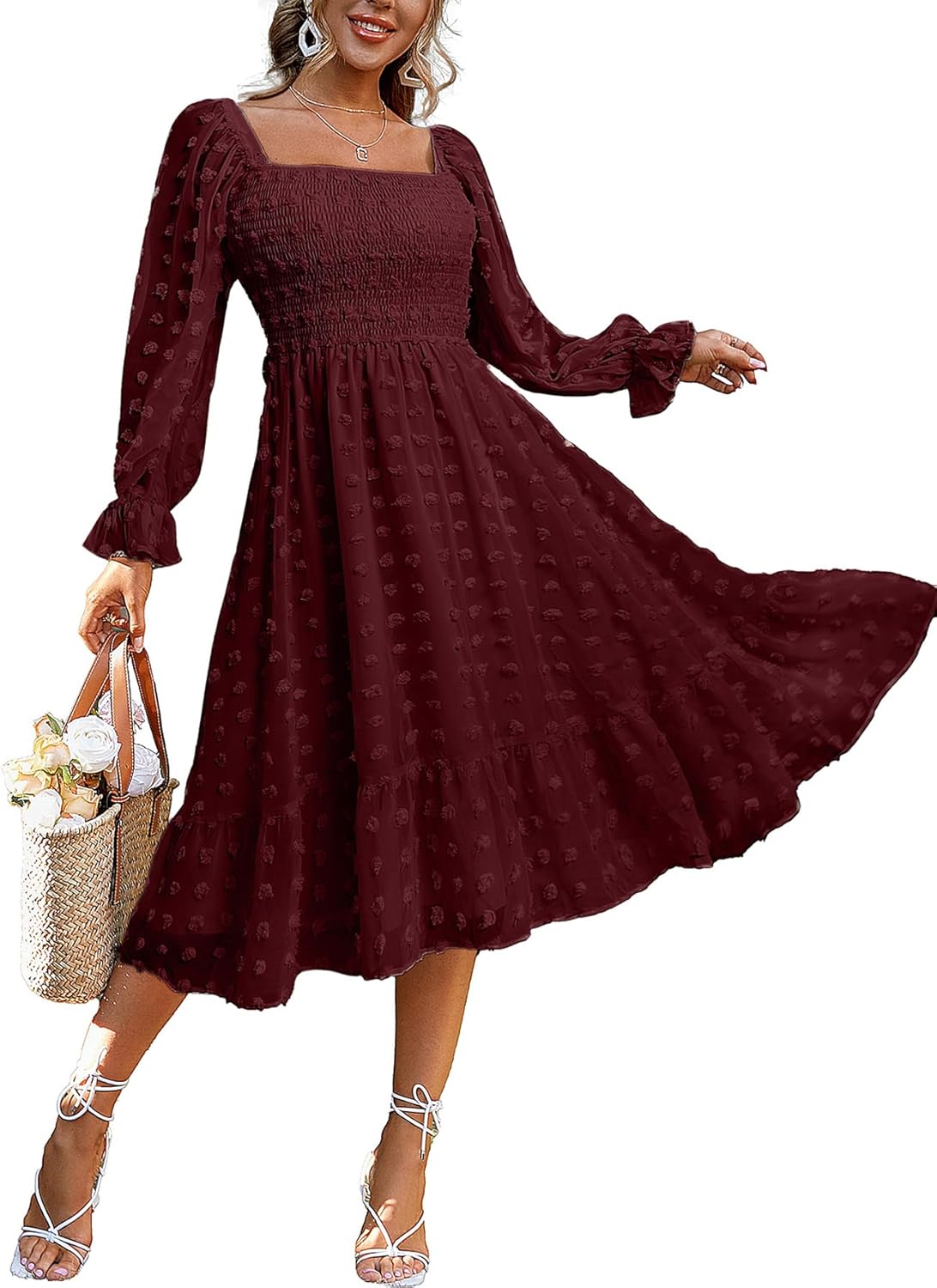 Amegoya Women's Boho Flowy Long Sleeve Square Neck Floral Midi Dress Smocked Spr...
