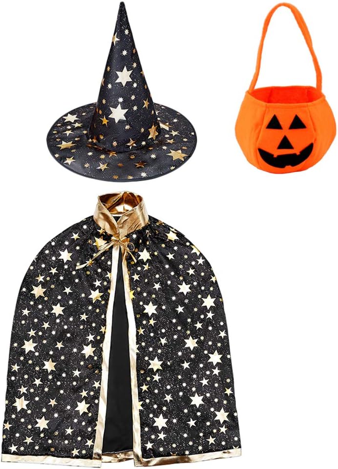 Wizard Cape Witch Cloak with Hat and Pumpkin Bag, Halloween Costume Props for Ki...