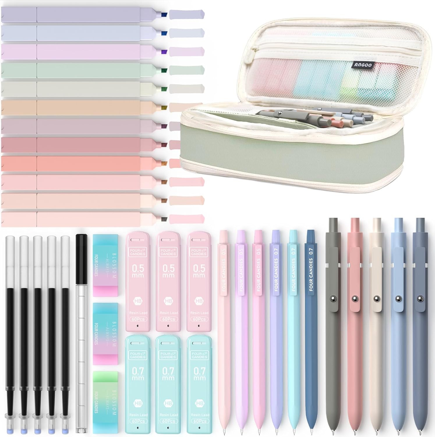 Four Candies 39 PCS Aesthetic School Supplies with Cute Pen Case, 12 Pastel High...