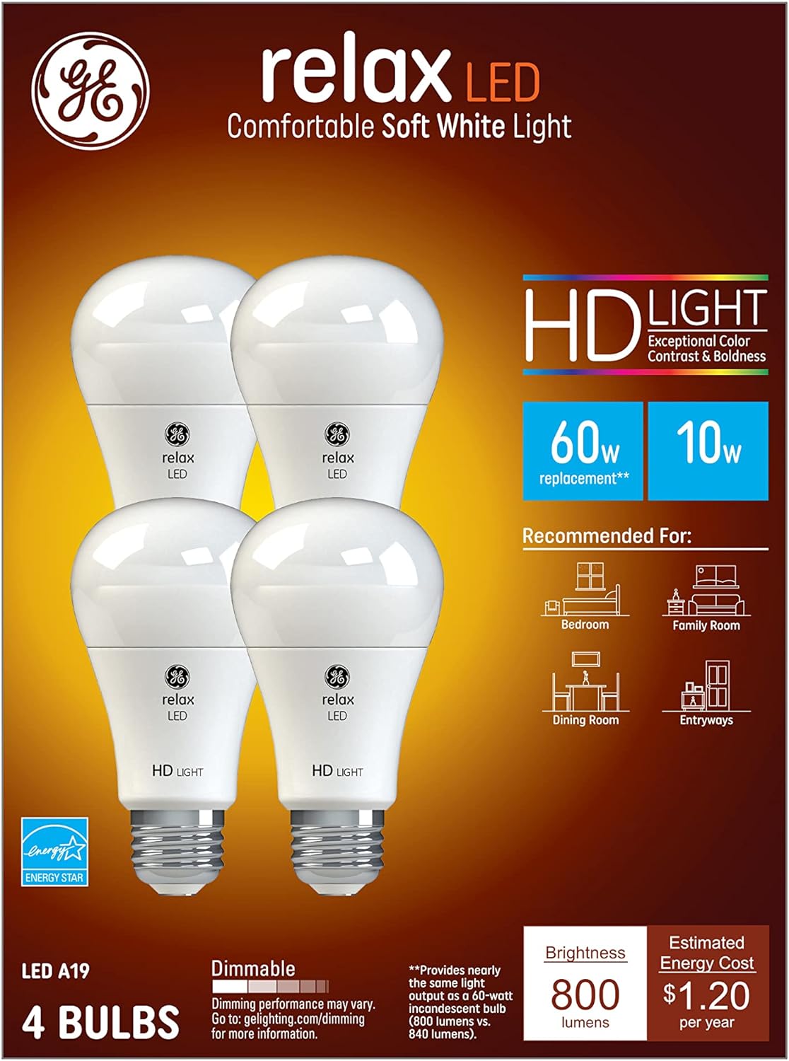 GE Relax LED Light Bulbs, 60 Watt, Soft White, A19 (4 Pack)
