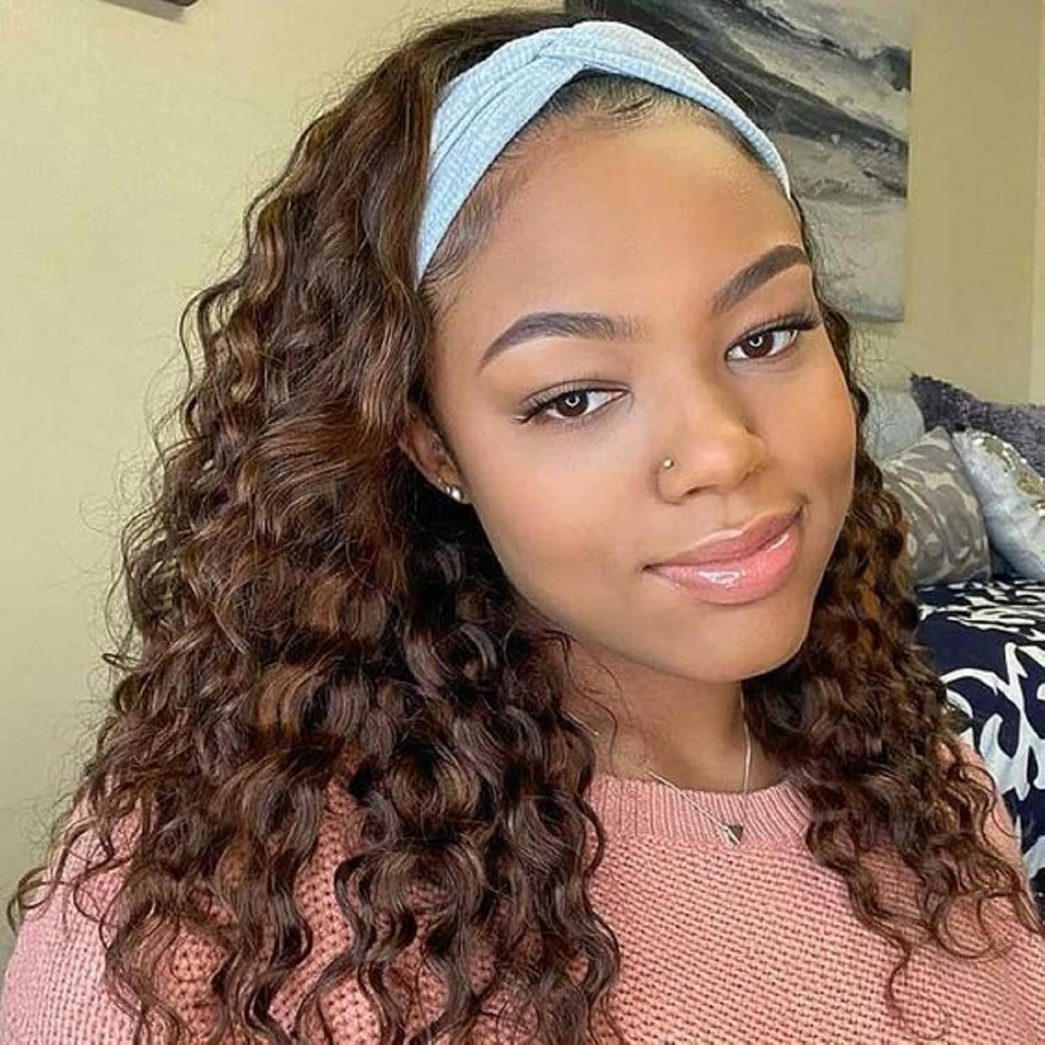 Chocolate Brown Headband Wig Human Hair for Women #4 Deep Wave Headband Wig Glue...