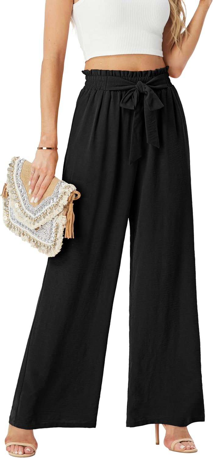 Womens Wide Leg Pants High Waist Flowy Adjustable Knot Loose Trousers Casuals Lo...