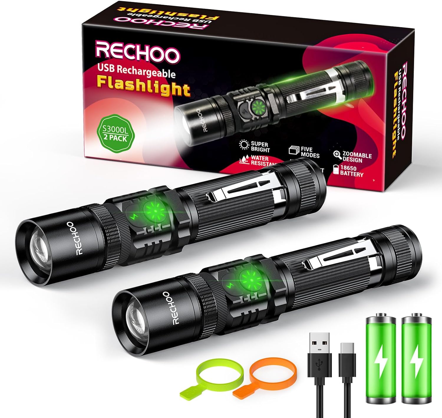 Rechargeable Flashlights 2 Pack, RECHOO High Lumens LED Tactical Flashlight with...