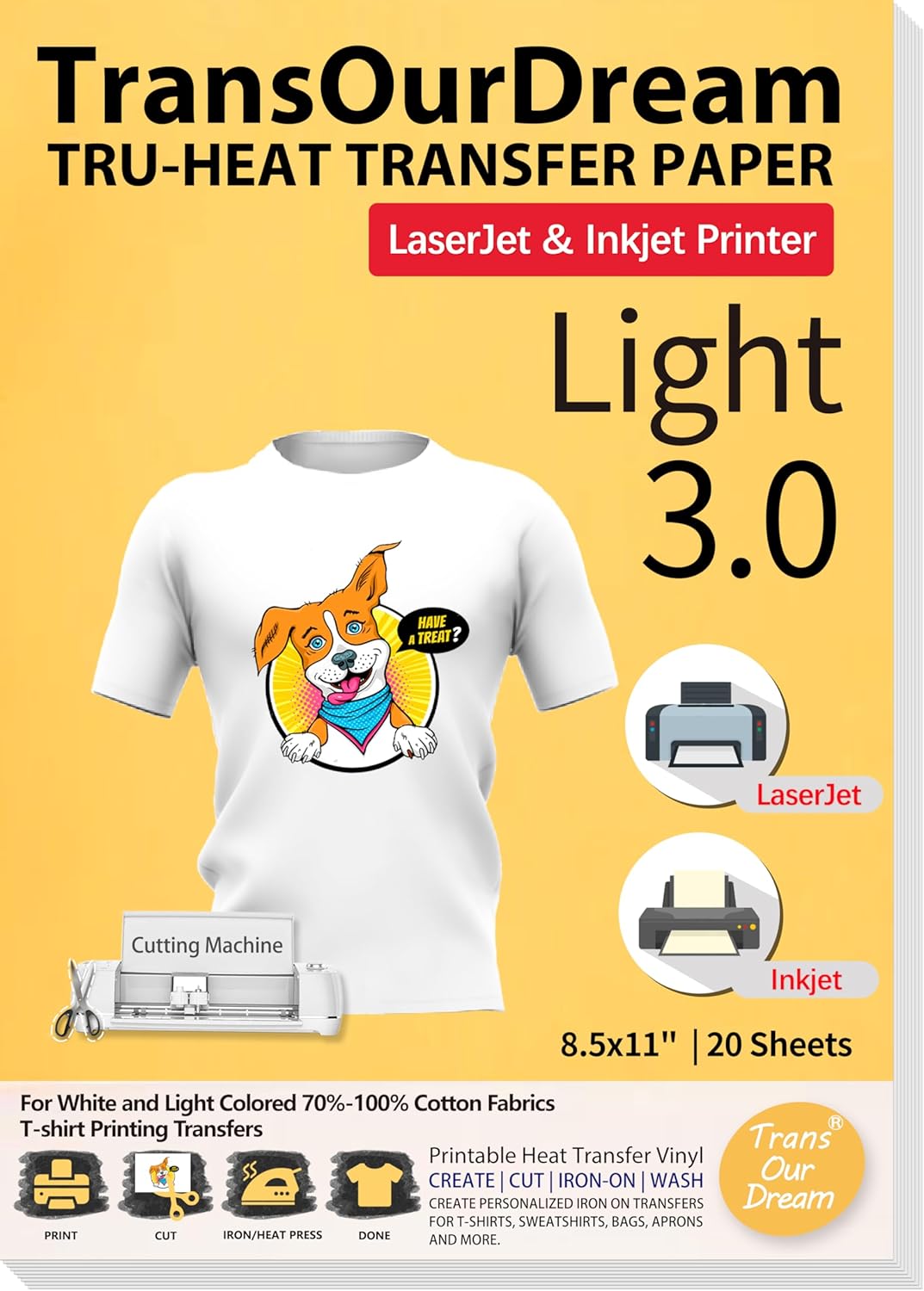 TransOurDream Tru-Heat Transfer Paper for Inkjet & Laserjet Printer (20 Sheets 8...