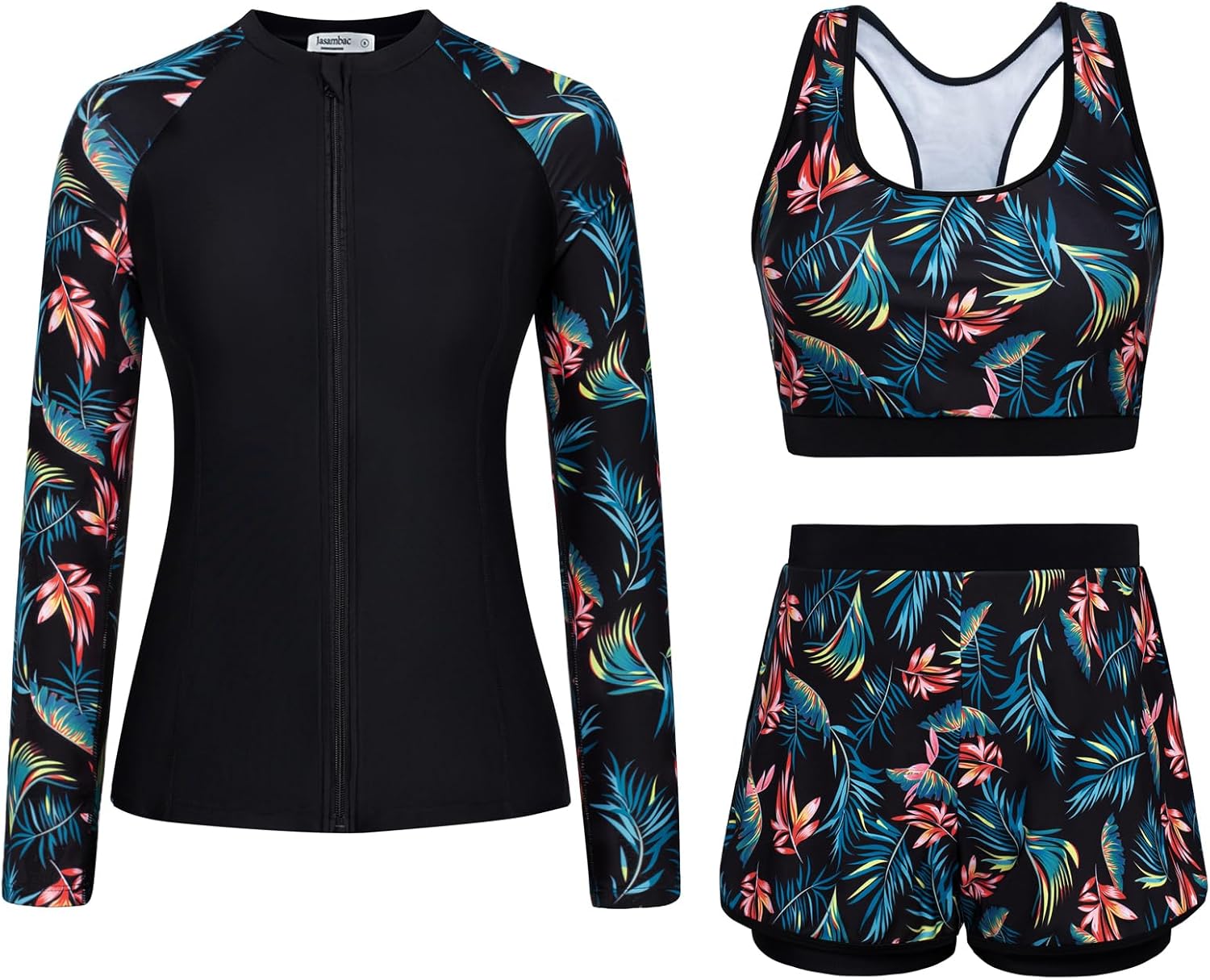 JASAMBAC Women's 3 Piece Rash Guard Long Sleeve Swimsuits with Boyshorts Zip Up...