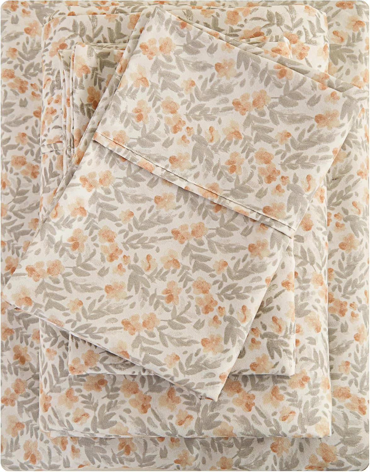 Viviland Floral Queen Sheet Set 4 Pieces Light Orange Flower Bed Sheet Soft Brea...