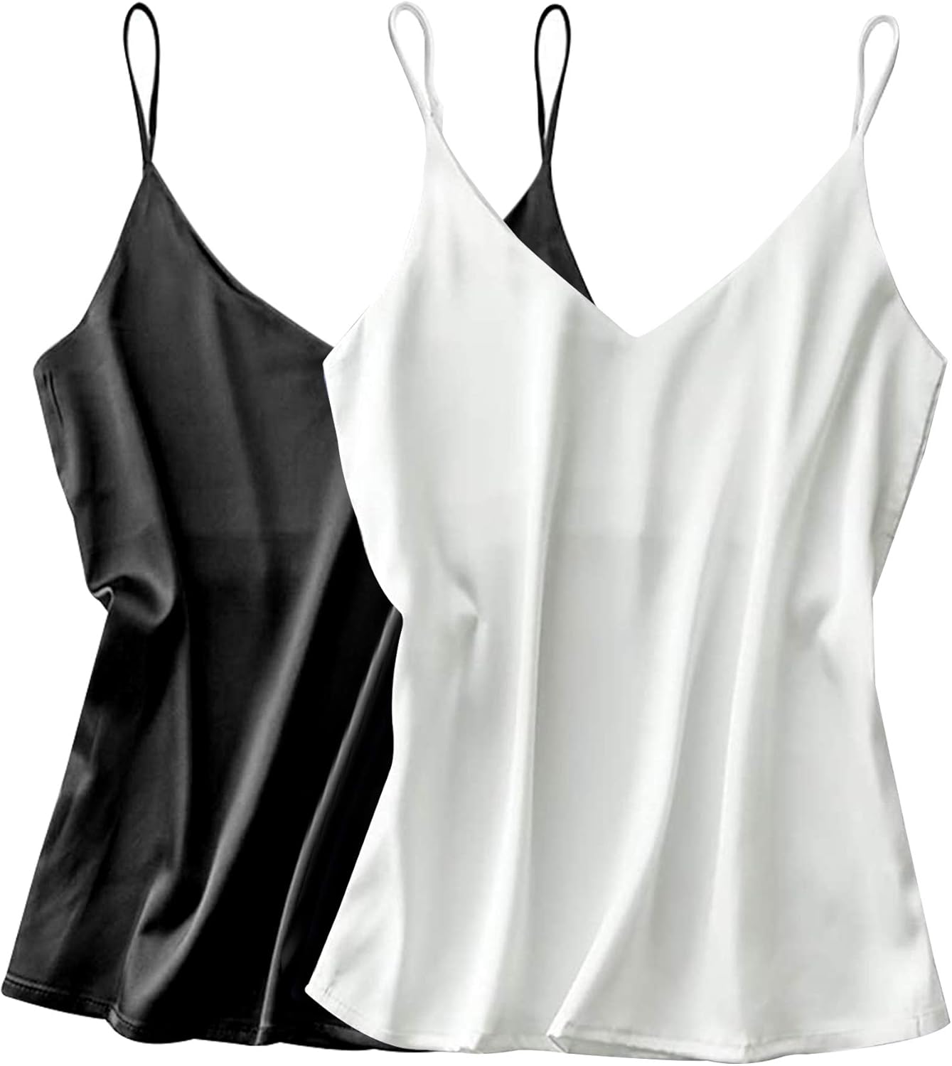 Ekouaer Womens Silk Satin Tank Top 2 Pack V Neck Basic Camisole White/Black X-La...