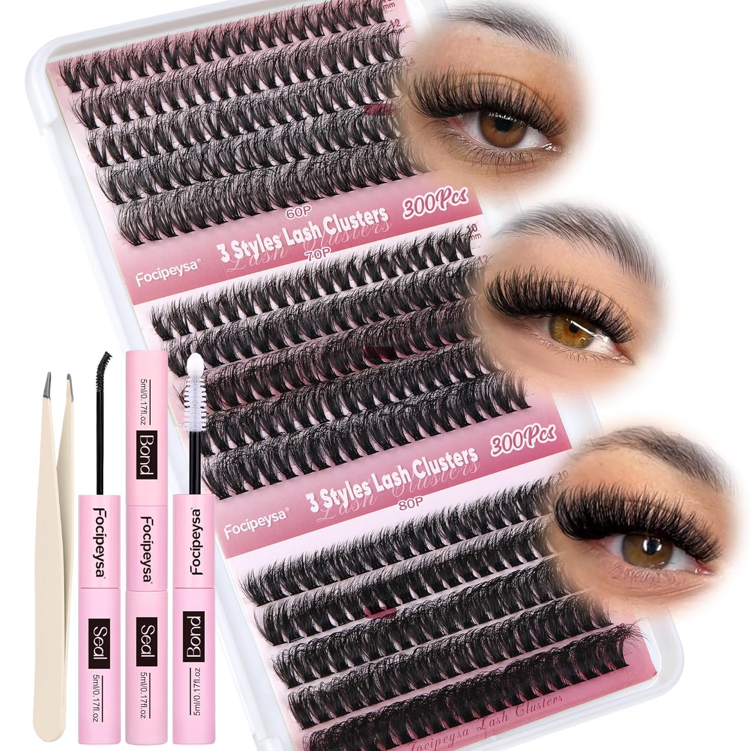 Focipeysa Lash Extension Kit 300pcs Lash Clusters Fluffy Eyelash Extension 60D 7...