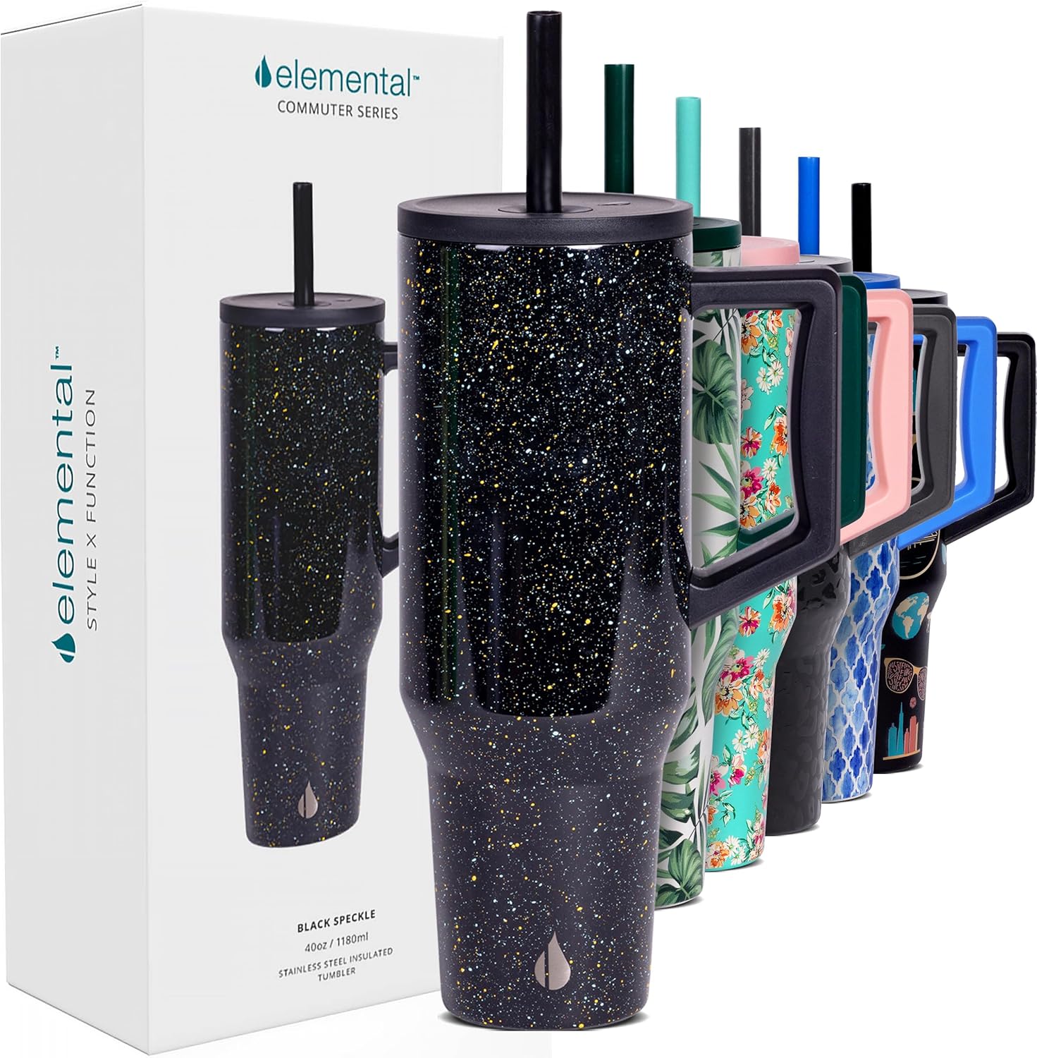 Elemental 40 oz Tumbler with Handle and Straw - Spill Proof Insulated Stainless...