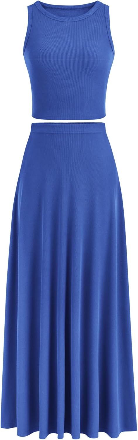 PRETTYGARDEN Women's 2 Piece Maxi Skirt Sets, Special Summer Knit Cropped Tank T...