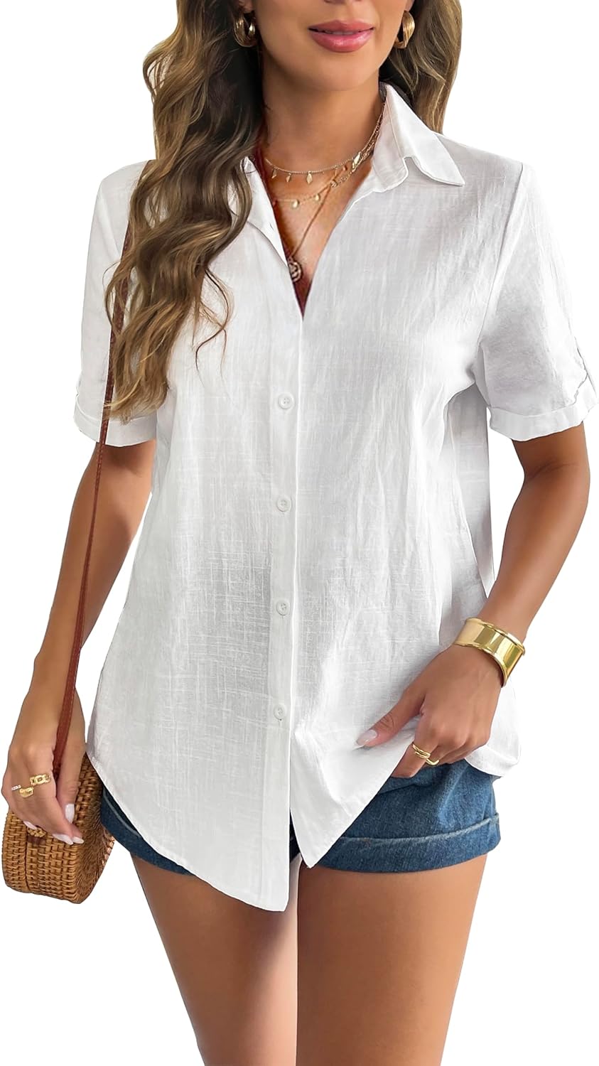 Zeagoo Women Linen Shirt, Unique Button Down Shirt with Rolled Cuffed Short Slee...
