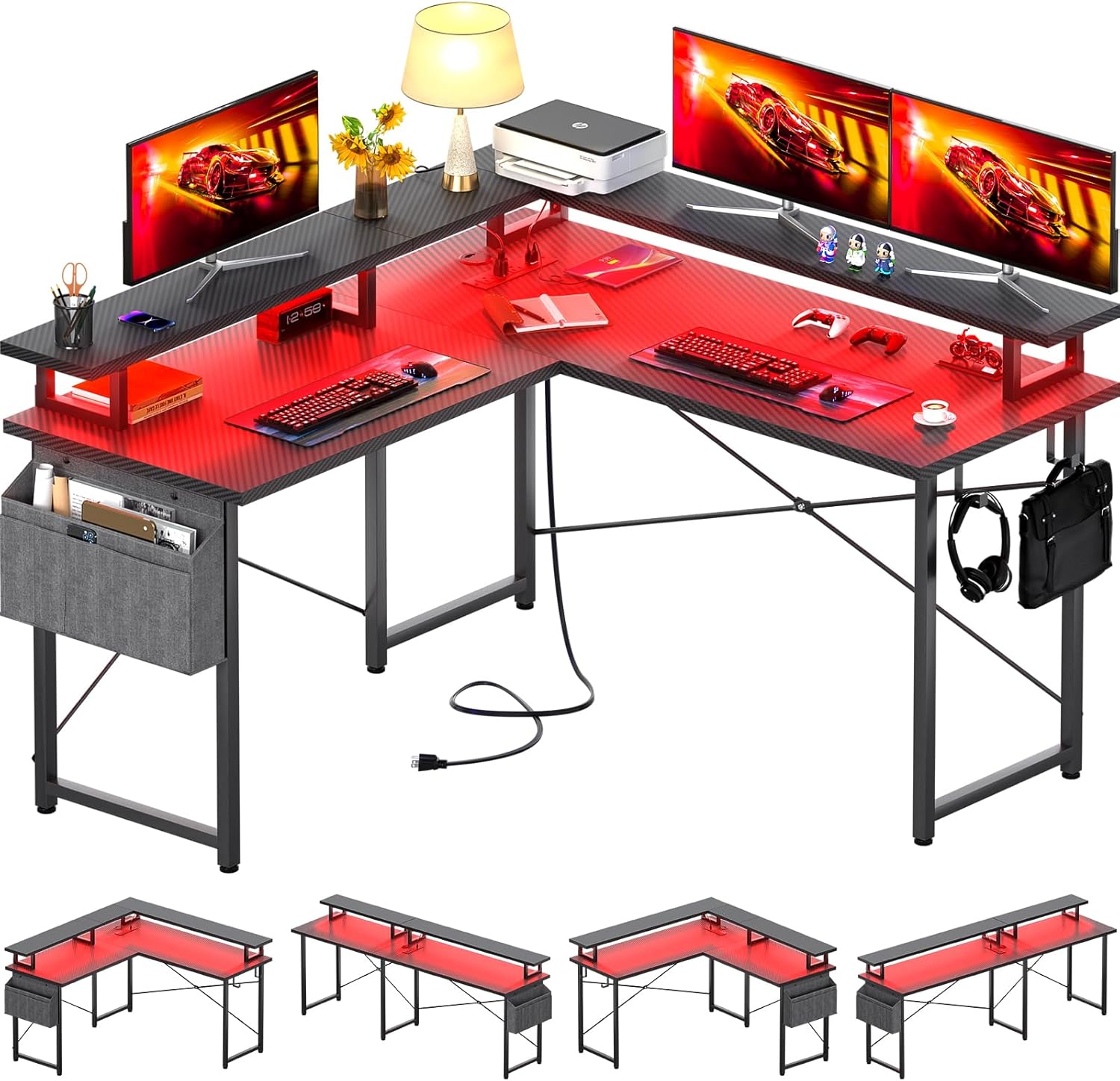 L Shaped Computer Desk, Special Gaming Desk with Power Outlets, Innovative Gamin...