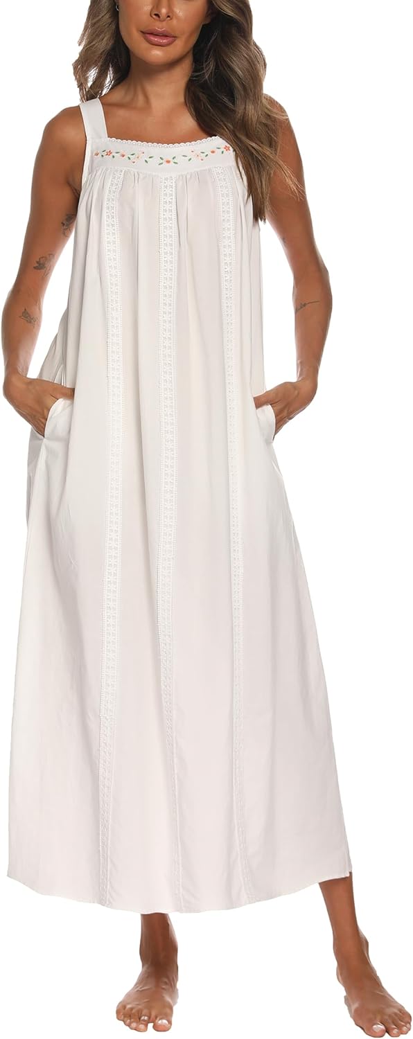 YOZLY Cotton Nightgowns for Women Embroidery Sleeveless Night Gown with Pockets...