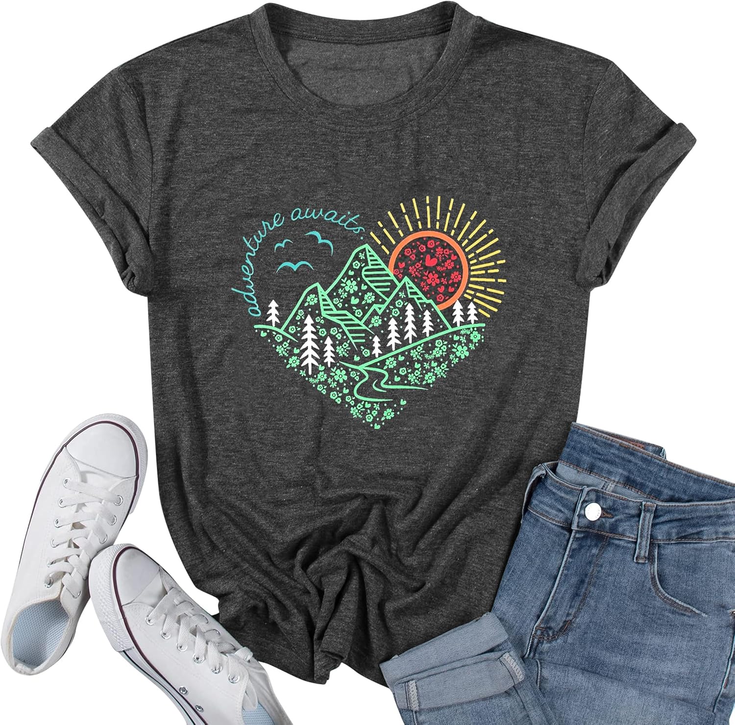 Women Adventure Awaits Outdoor Graphic Tee Shirt, Special Kindness Heart Printed...