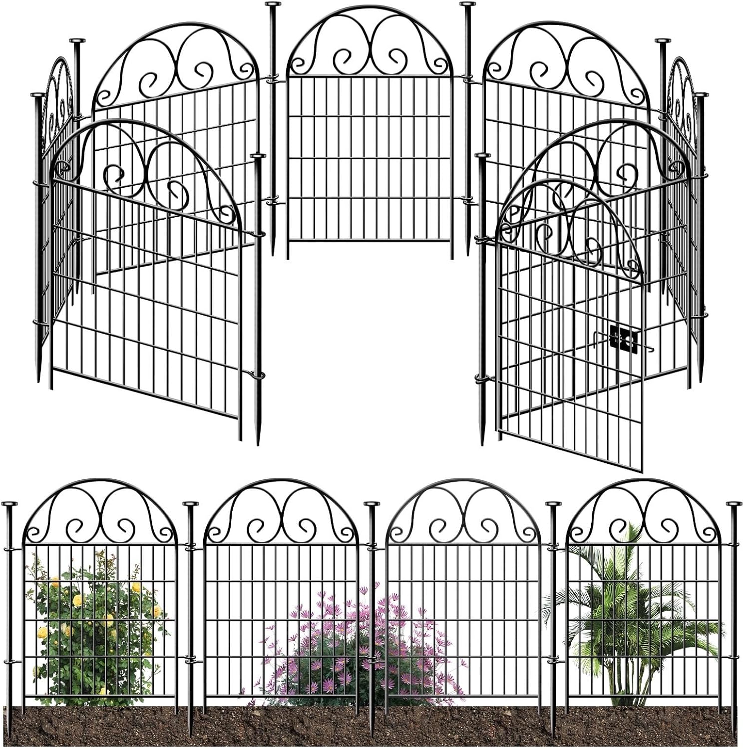 Tall Garden Animal Barrier Fence With Gate, 40 in(H)×27 in(L) 8 Panels Dog Diggi...