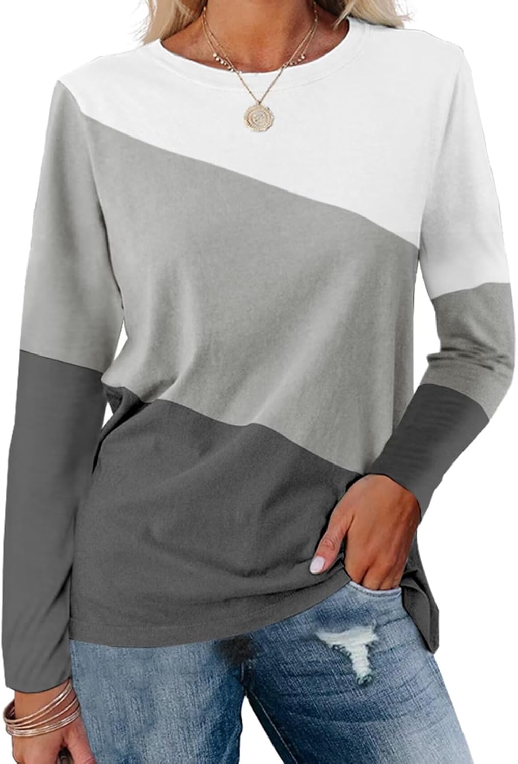 Minetom Women's Color Block Tops, Special Casual Long Sleeve Tunic, Unique Round...