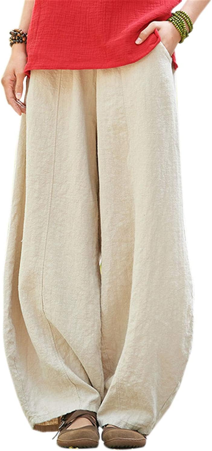 IXIMO Women's Casual Cotton Linen Pants, Special Women's Baggy Pants with Elasti...