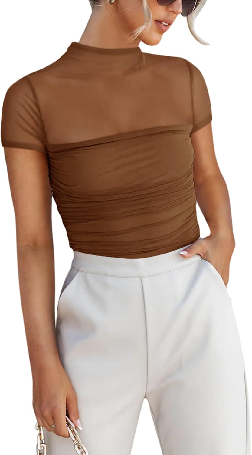 REORIA Women's Tops, Special Sexy Mock Turtle Neck Short Sleeve Shirts, Innovati...
