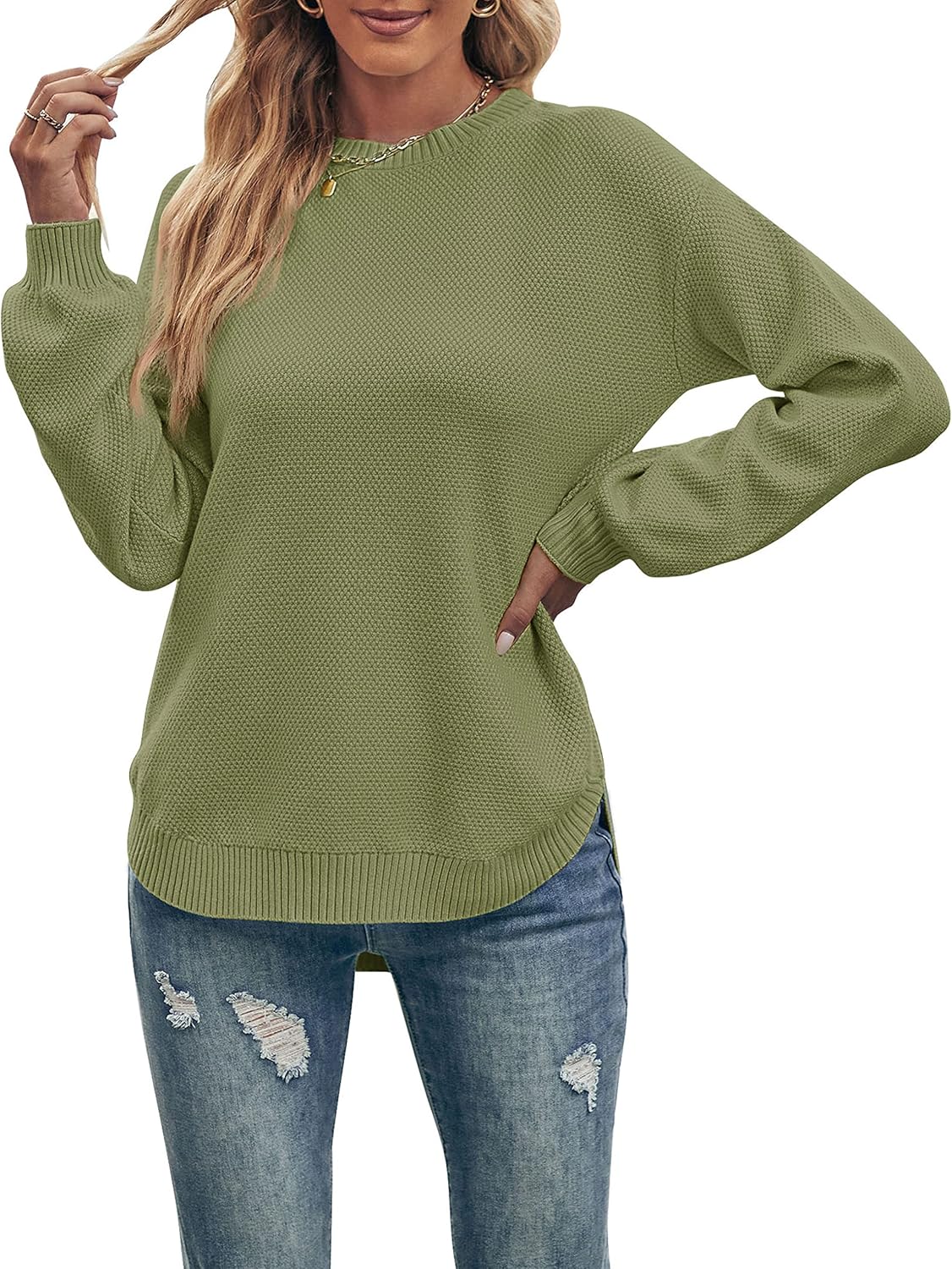 MEROKEETY Women's 2024 Fall Long Balloon Sleeve Crew Neck Sweater Tops Waffle Kn...