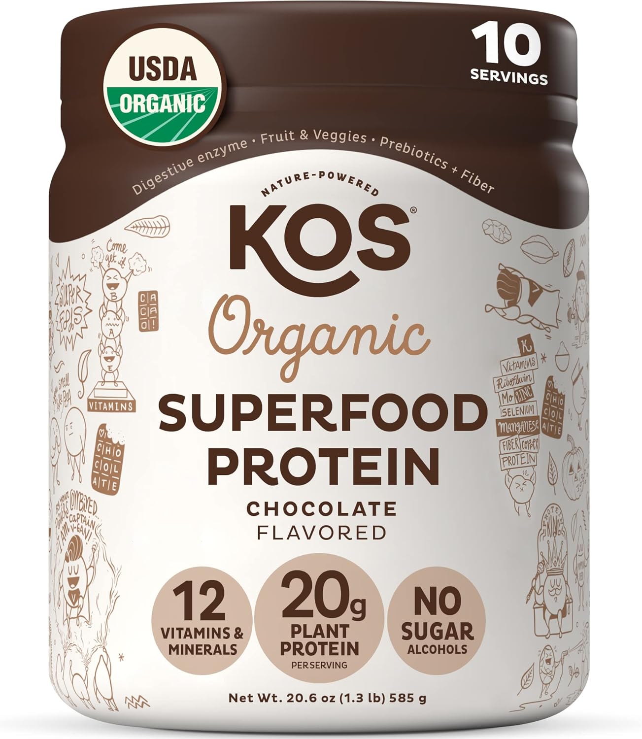 KOS Vegan Protein Powder, Chocolate USDA Organic - Low Carb Pea Protein Blend, P...