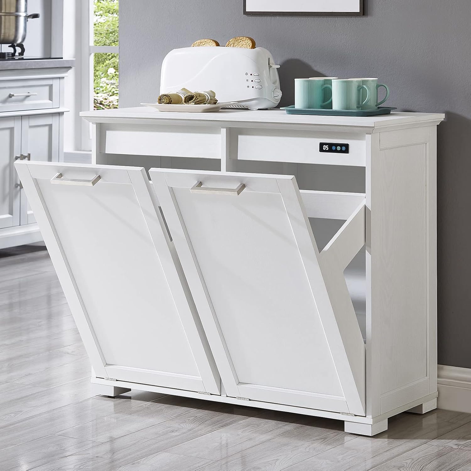 OLD CAPTAIN Double Tilt Out Trash Cabinet, Wooden Kitchen Garbage Can Free Stand...