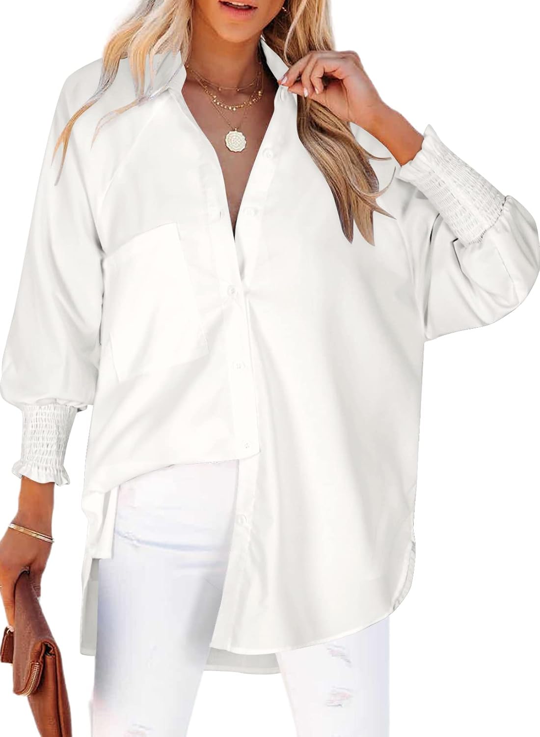 Women's Smocked Cuffed Striped Boyfriend Shirt with Pocket Casual Collar Long Sl...