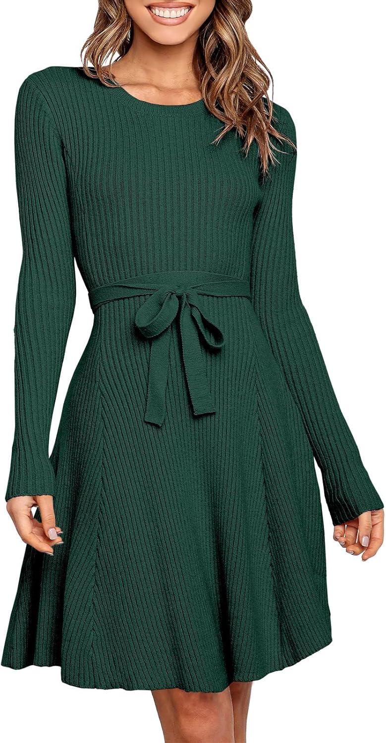 ANRABESS Women's Long Sleeve Midi Dress, Stylish Crewneck Dress with Tie Waist,...