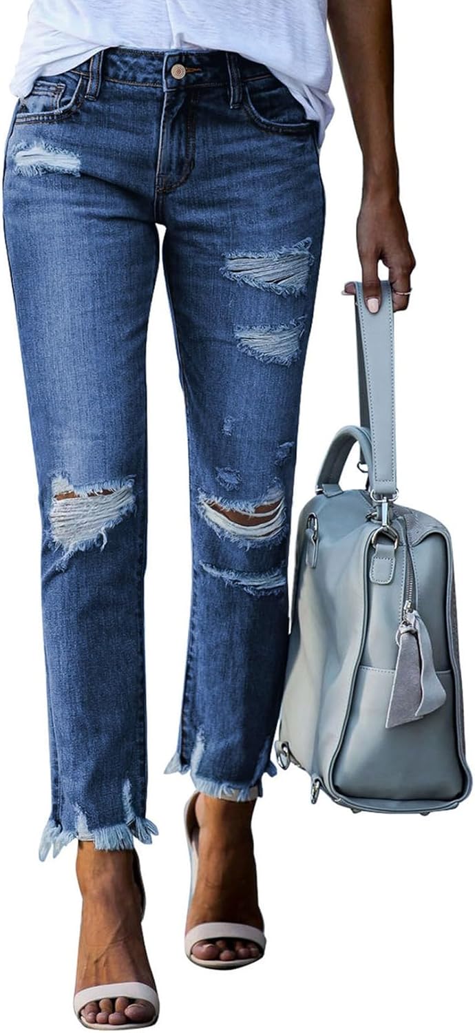 Sidefeel Women's Ripped Jeans, Special Straight Leg Distressed Boyfriend Denim P...