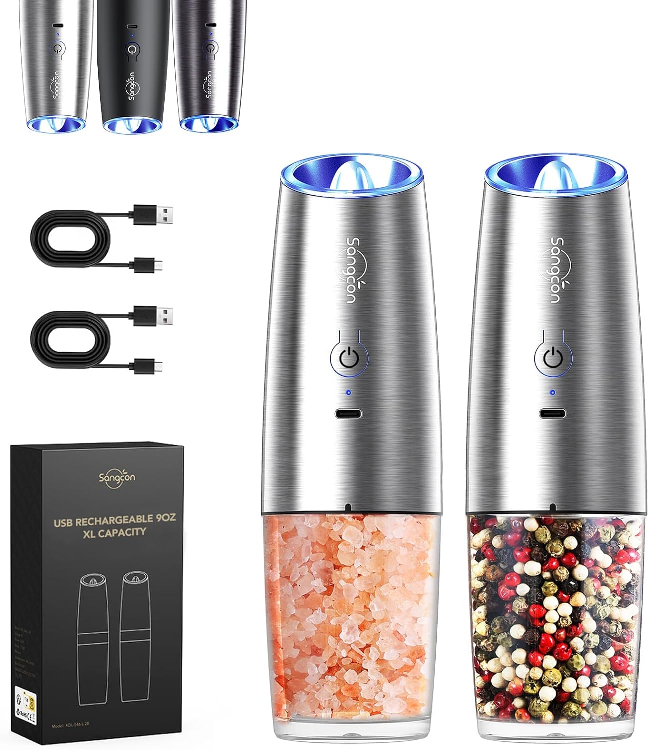 Sangcon Gravity Electric Salt and Pepper Grinder Set RECHARGEABLE Automatic Salt...