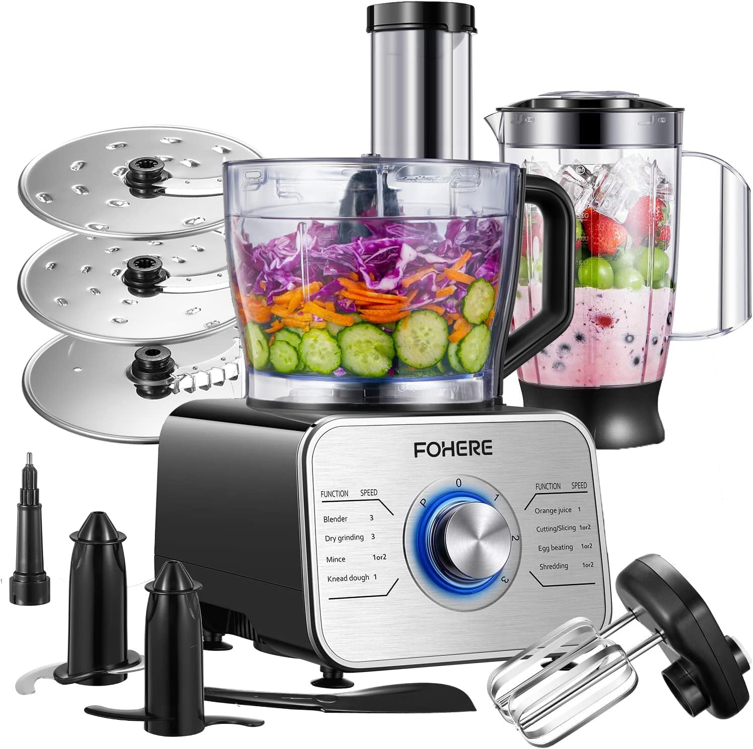 FOHERE Food Processor Multifunctional, 3-Speed Food Processor and Blender Combo...
