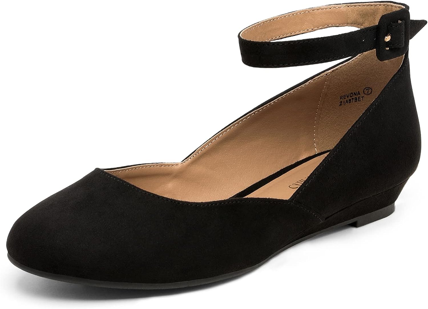 DREAM PAIRS Women's Revona Low Wedge Ankle Strap Flats Shoes 9.5 Black Suede