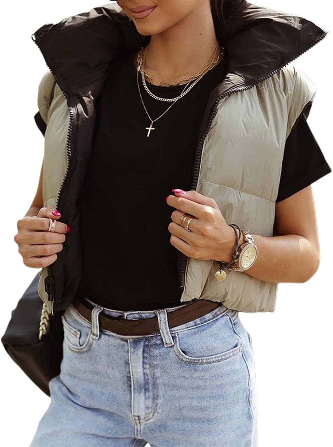 UANEO Cropped Puffer Vest, Special Padded Vest With Zip Up, Innovative Sleeveles...