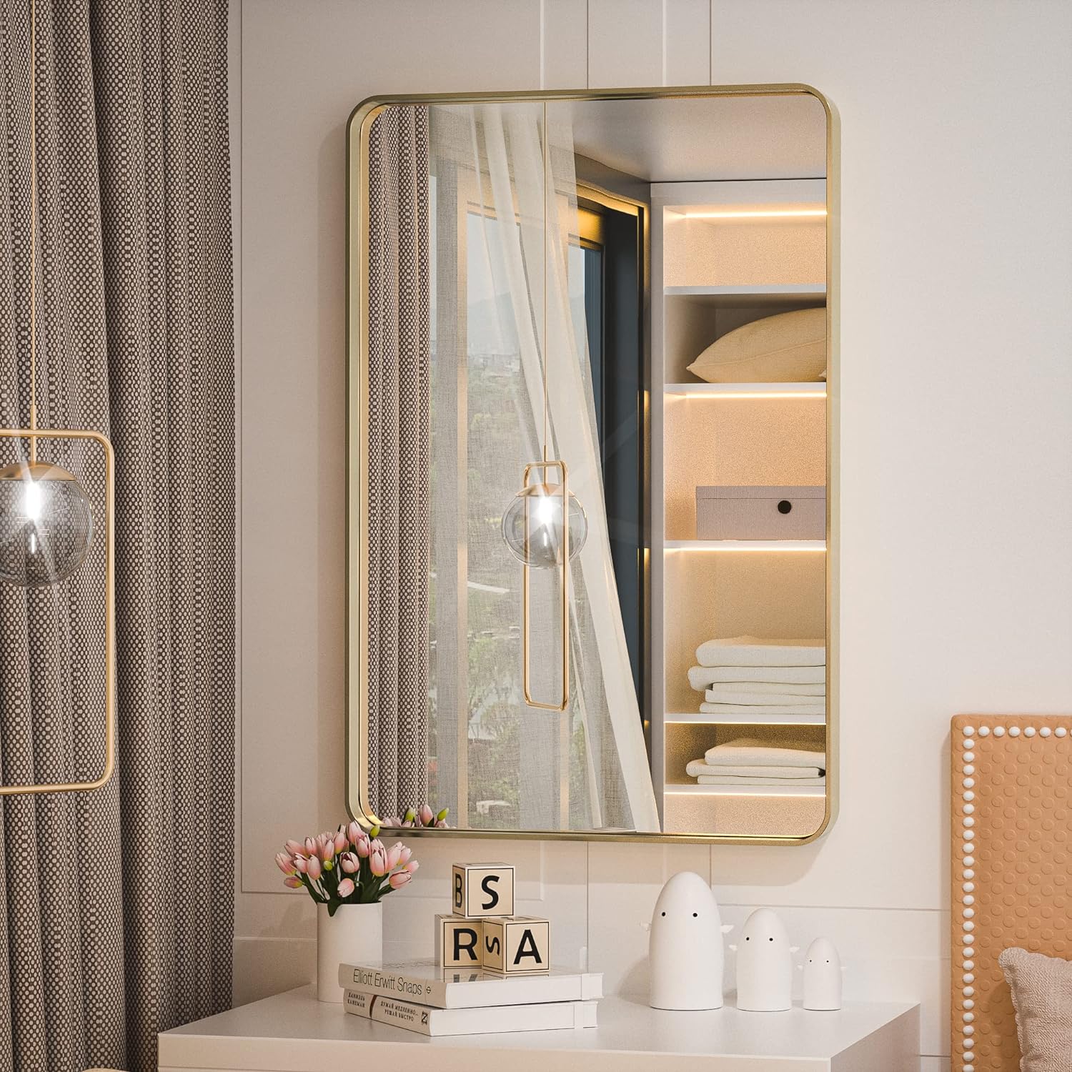 TETOTE Brushed Gold Bathroom Mirror, Special Metal Framed Mirror, Innovative Bru...