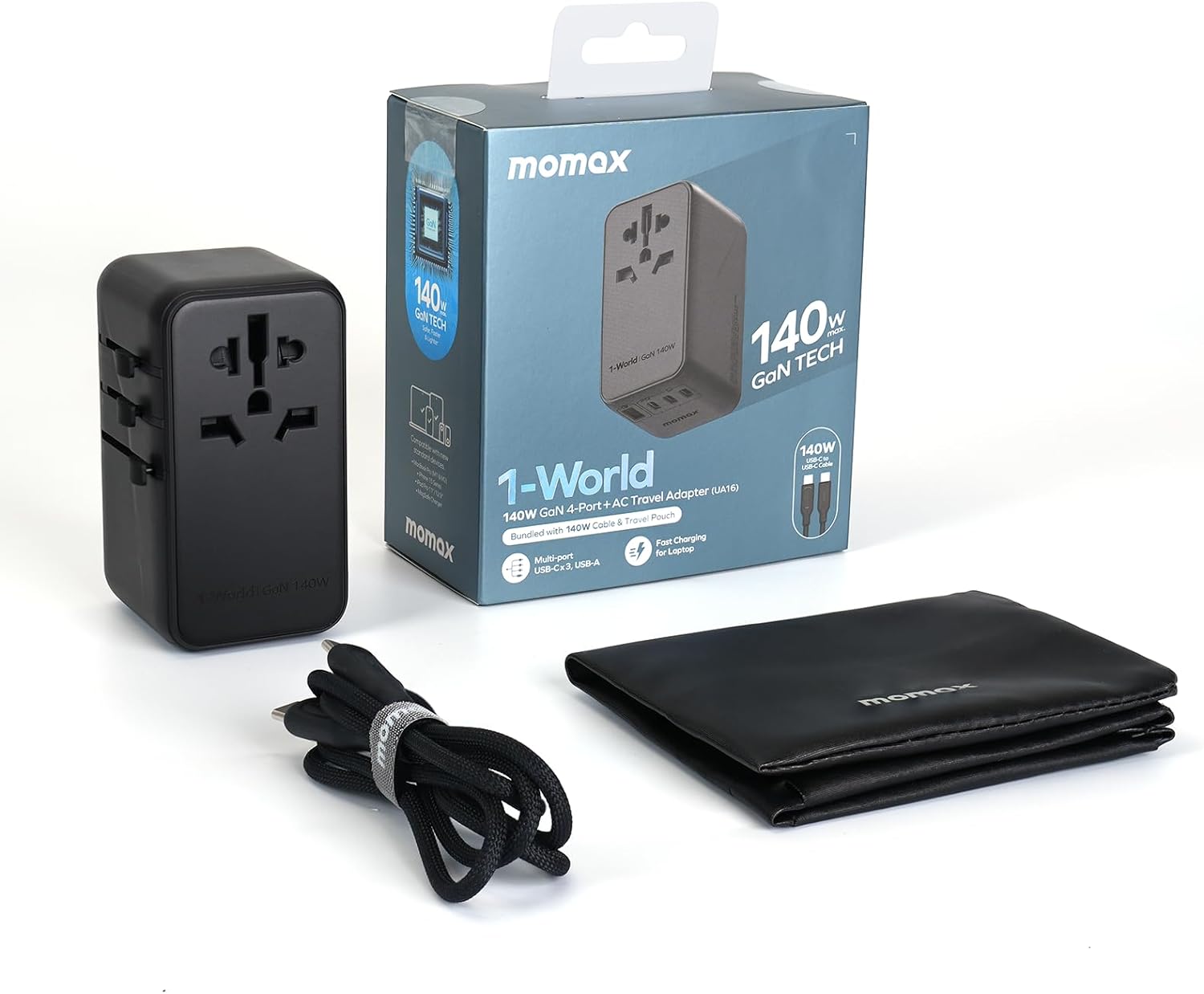 MOMAX Universal Travel Adapter, 140W GaN Technology, 3 USB-C and 1 USB-A Ports f...