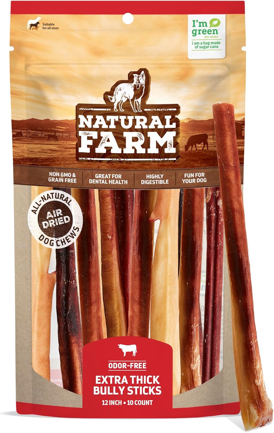 Natural Farm Extra-Thick 12-Inch Beef Bully Sticks Dog Chews (10-Pack) - Odor-Fr...