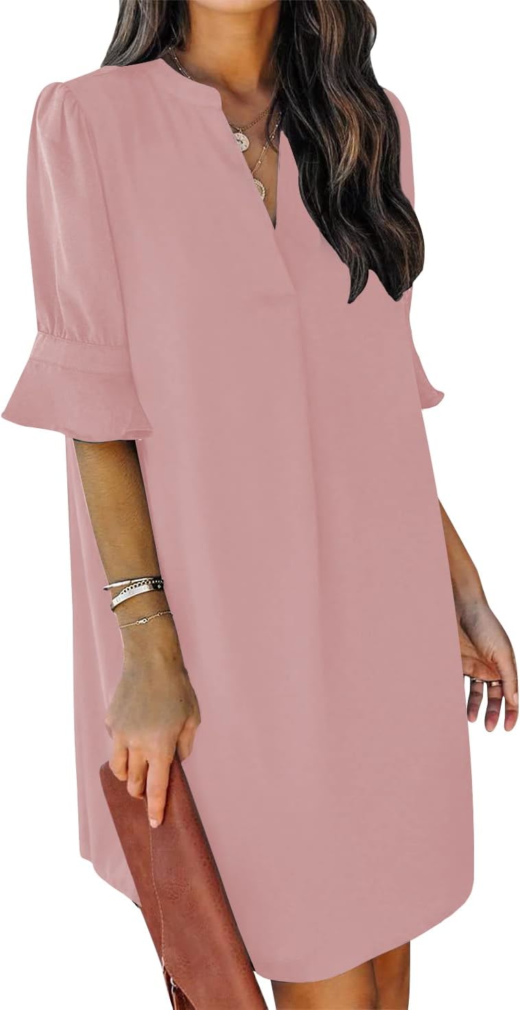 QACOHU Summer Dresses for Women V Neck Ruffle Short Sleeve Casual Shift Dress X-...