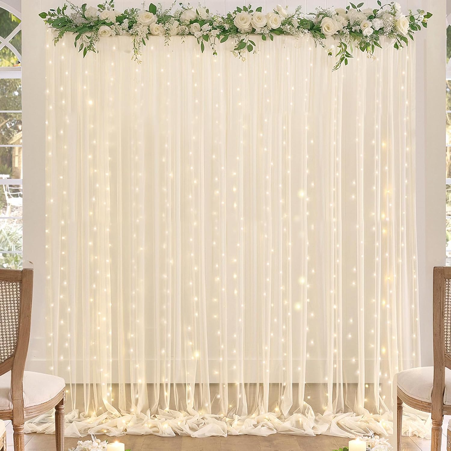 Champagne Backdrop Curtains, Special Curtains with Lights String for Wedding Par...