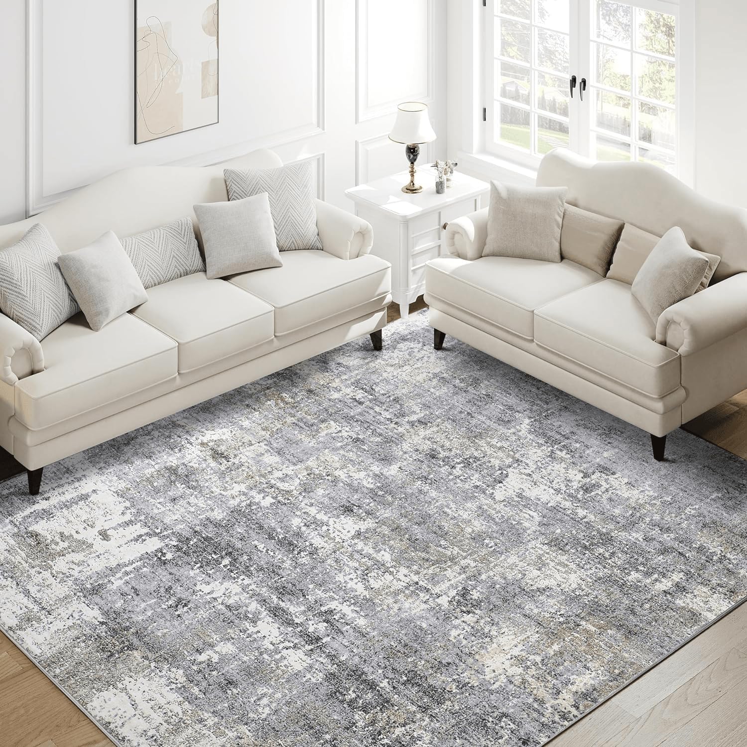 Machine Washable Area Rug 8x10 Grey Living Room Rug Indoor Large Accent Rug Mode...