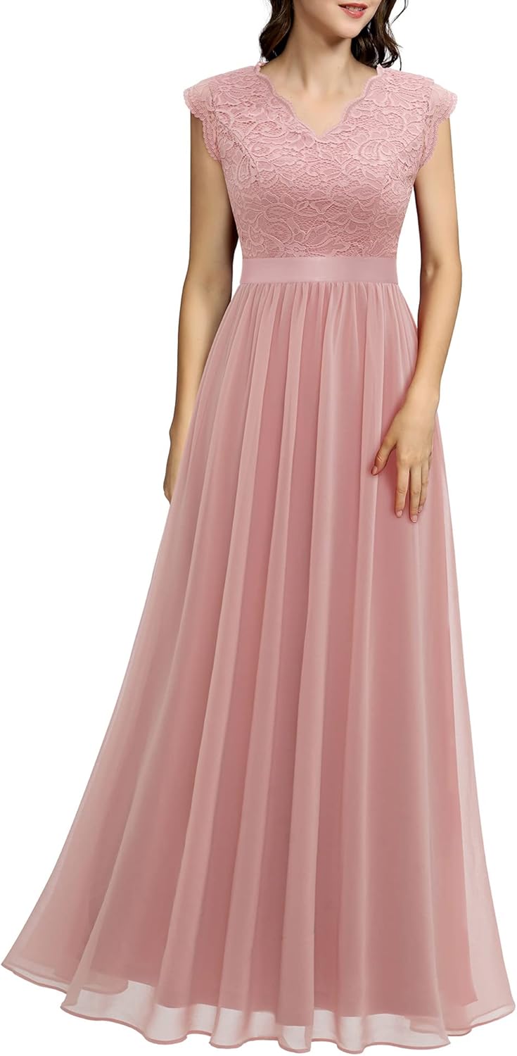 Dressystar Women's V Neck Sleeveless Lace Bridesmaid Dress Wedding Party Gown Ba...