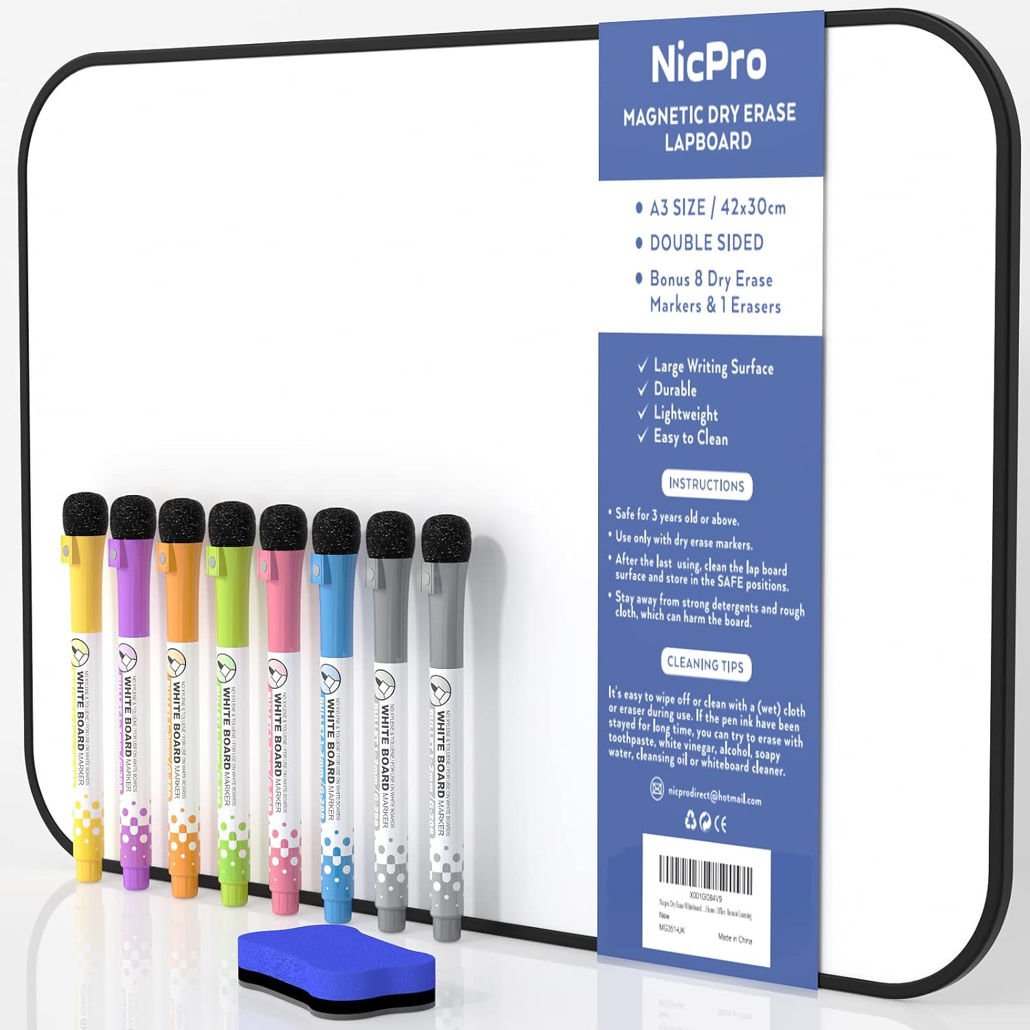 Nicpro Dry Erase Whiteboard A3, Magnetic Double Sided 30 x 42 cm White Board wit...