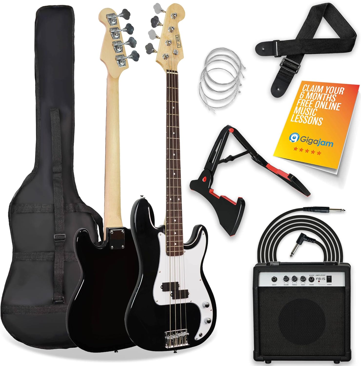 3rd Avenue Full Size Electric Bass Guitar, Special Beginner Pack Kit with 15W Am...
