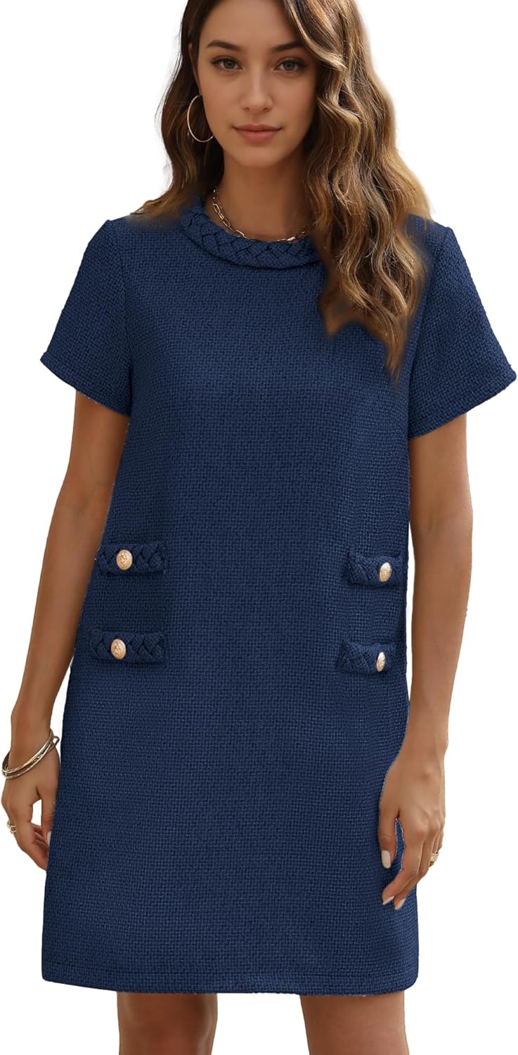 Women's Tweed Dress, Special Short Sleeve Crew Neck Dress, High-Quality A-line P...
