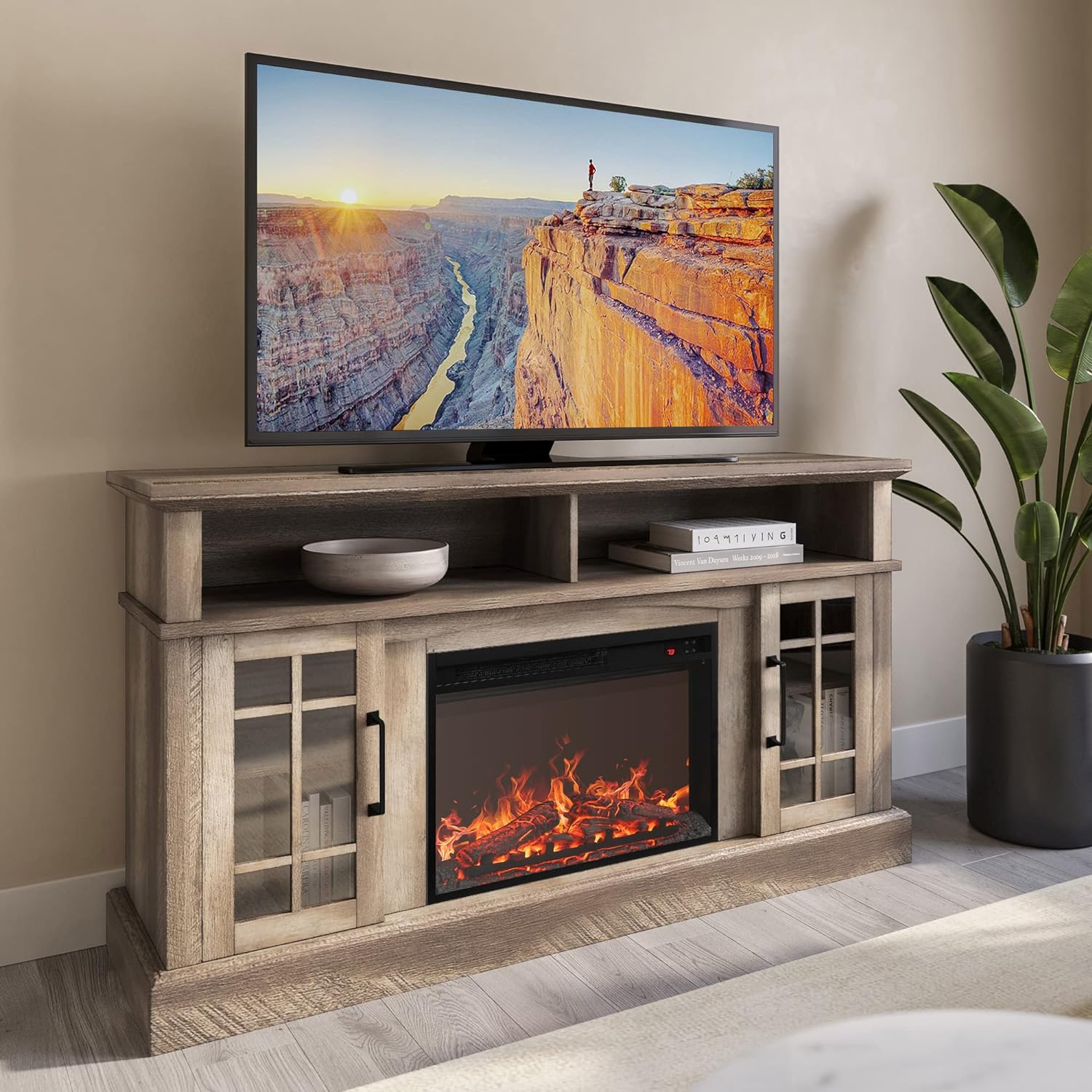 BELLEZE Traditional 58" Rustic TV Stand with 23" Electric Fireplace Heater with...