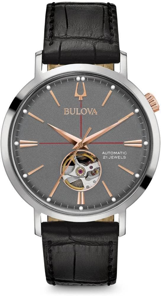 Bulova Men's Classic Aerojet 3-Hand Automatic Leather Strap Watch, Open Aperture...