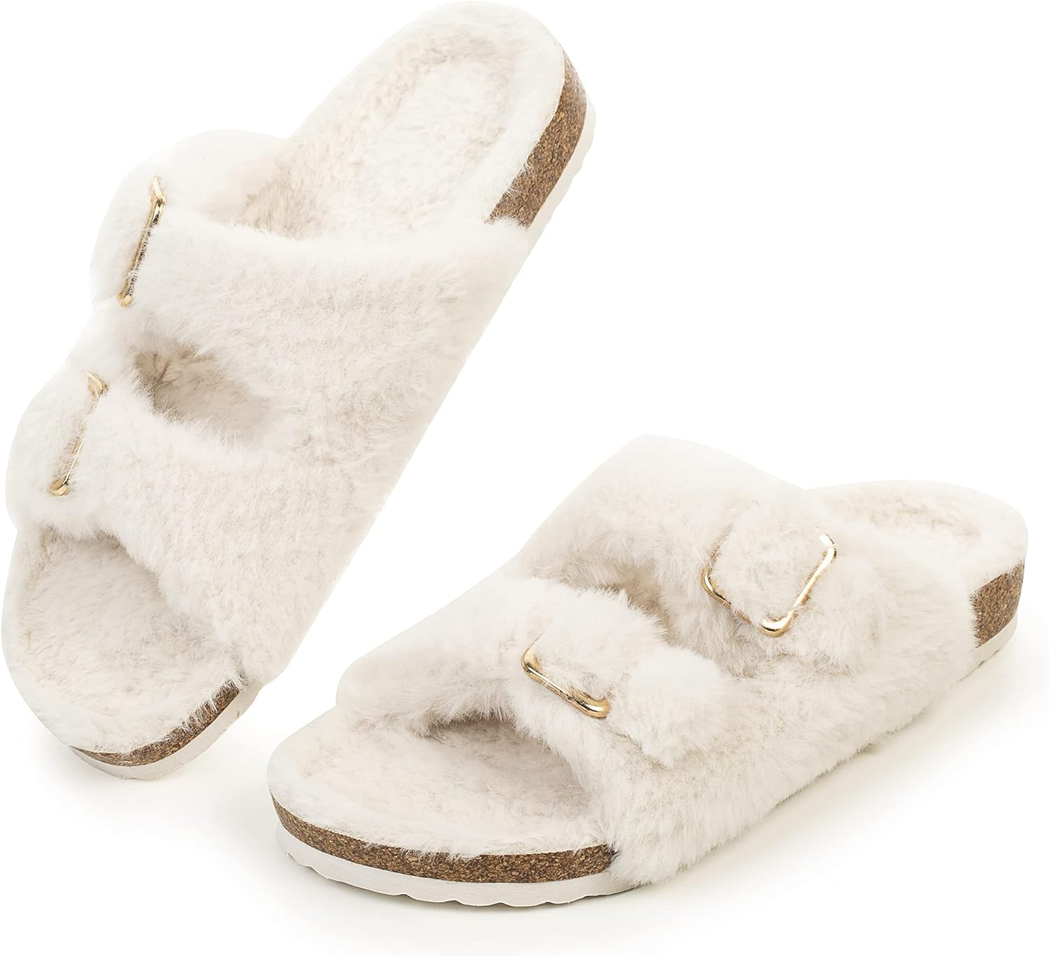 FITORY Womens Open Toe Slipper with Cozy Lining,Faux Rabbit Fur Cork Slide Sanda...