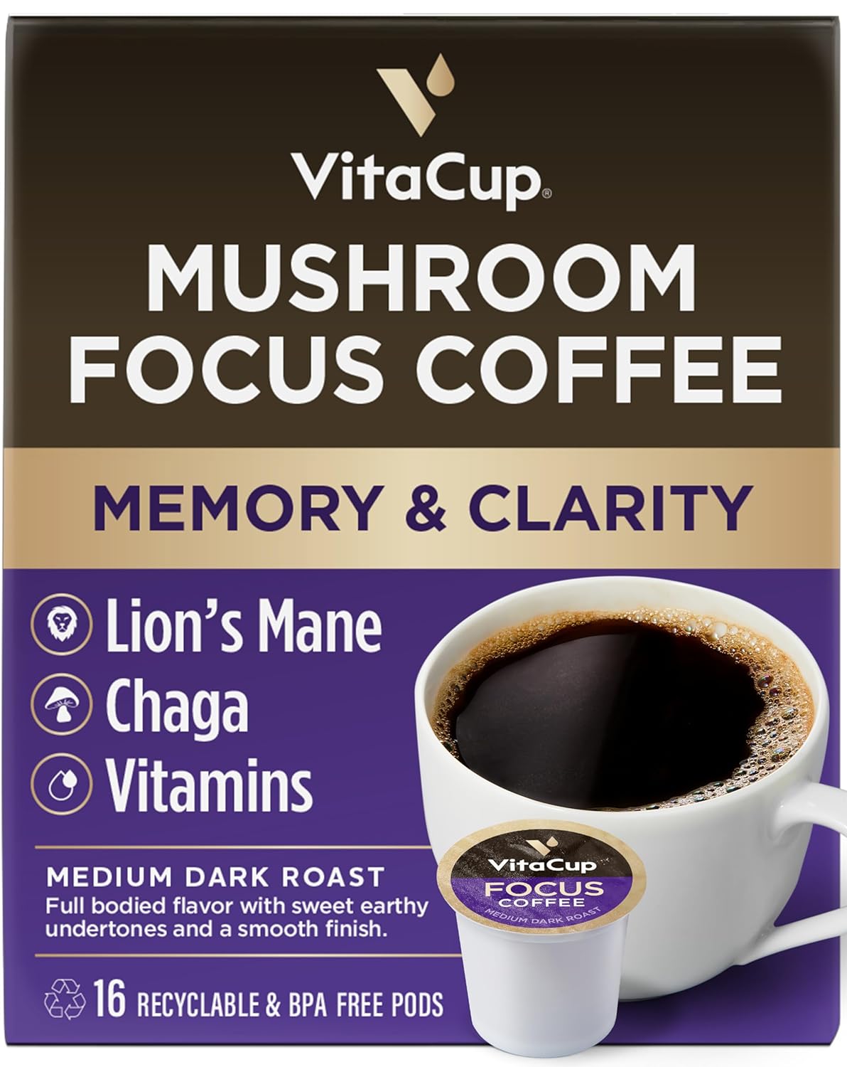 VitaCup Mushroom Coffee Pods - Boost Focus & Immunity with Lions Mane, Chaga, Vi...
