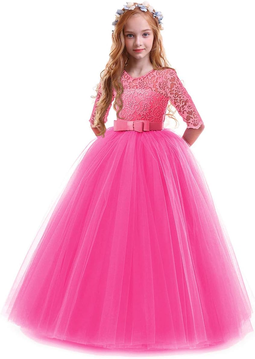 Girls Flower Vintage Floral Lace Dress, Special 3/4 Sleeves Floor Length Dress,...