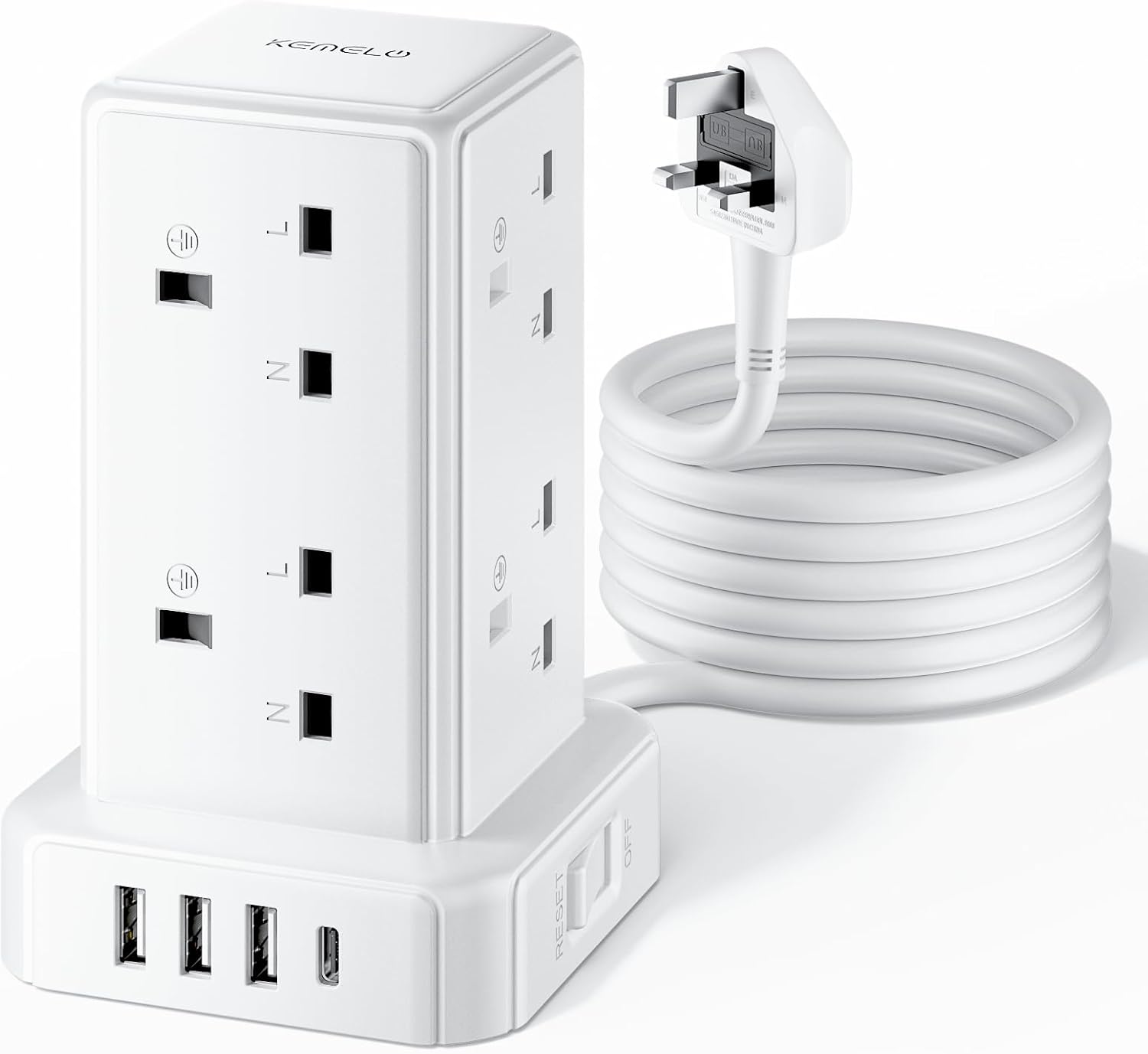Tower Extension Lead 3M with 8 Way Multi Plug Extension Tower & 4 USB Ports (13A...