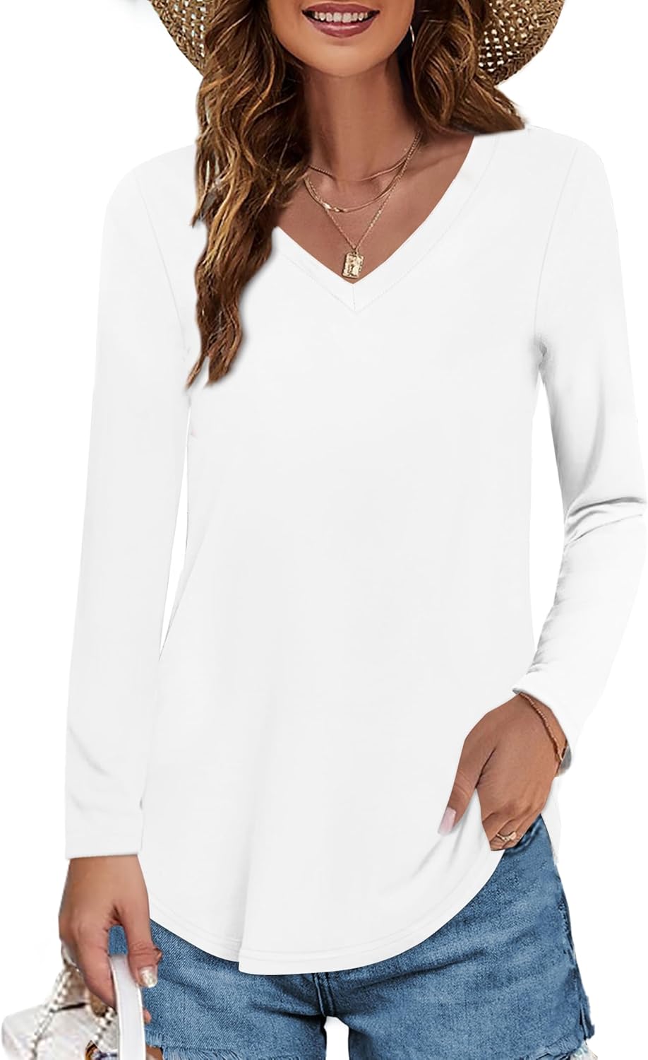 Elesomo Women's T-Shirts, Special V Neck Summer Tops, High-Quality Short/Long Sl...
